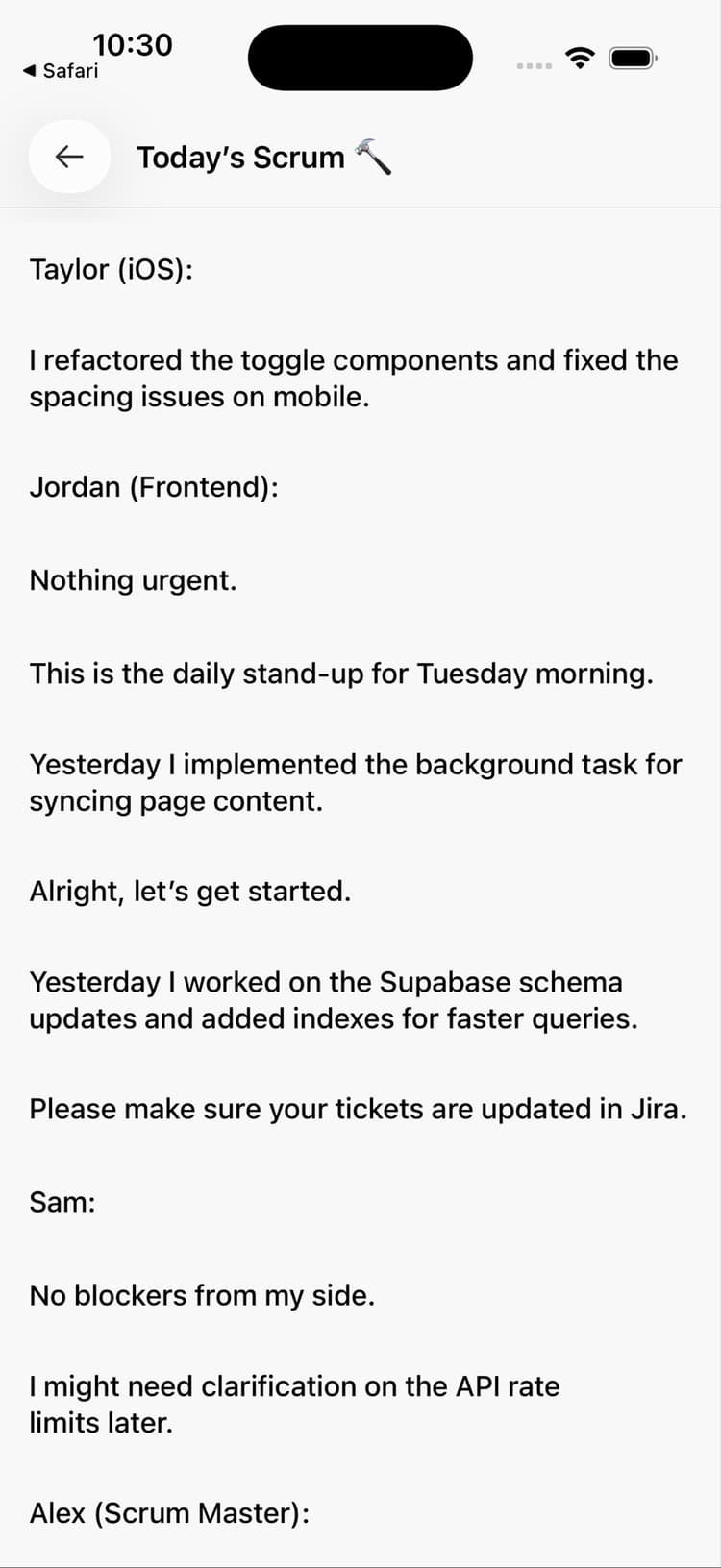 Today's Scrum meeting notes