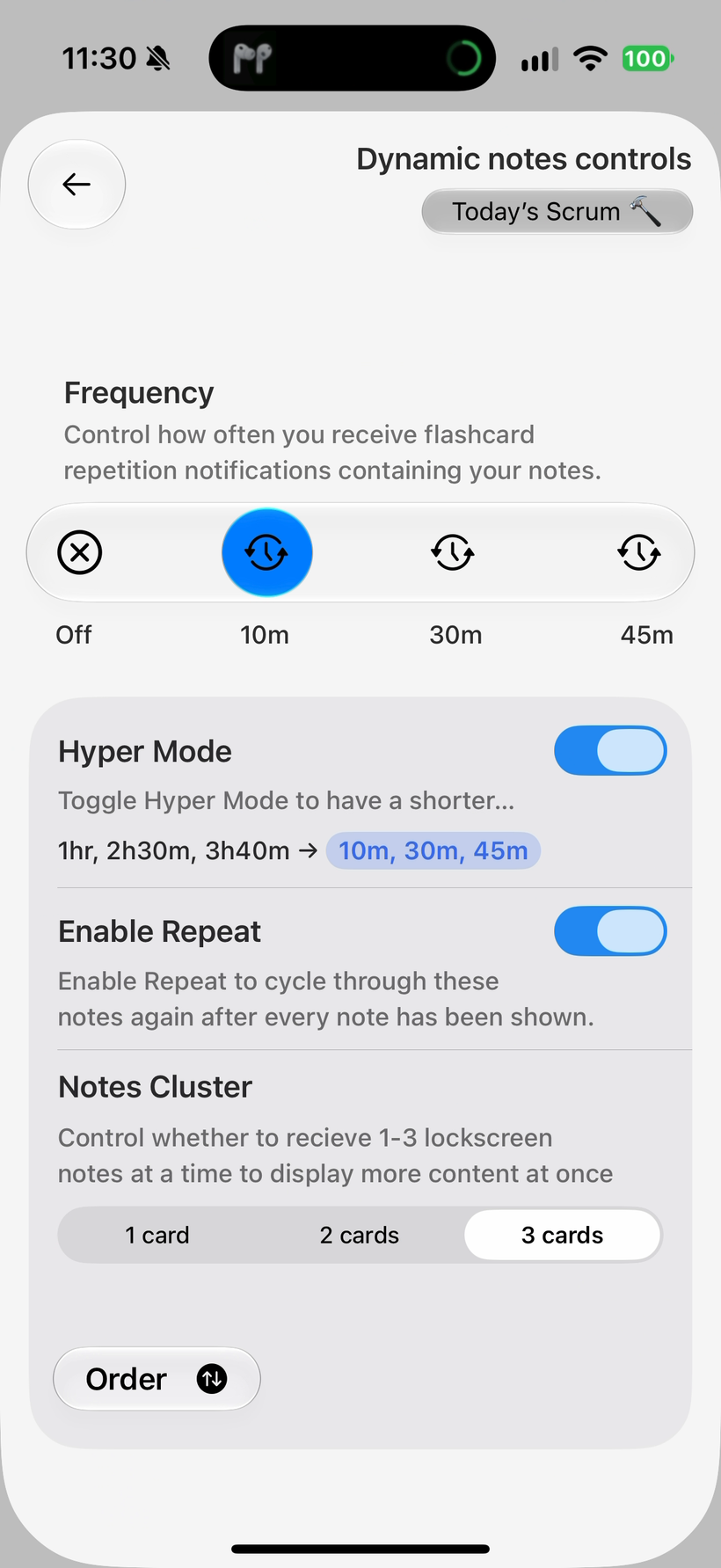 Dynamic notes controls: frequency, Hyper Mode, Enable Repeat, and Notes Cluster