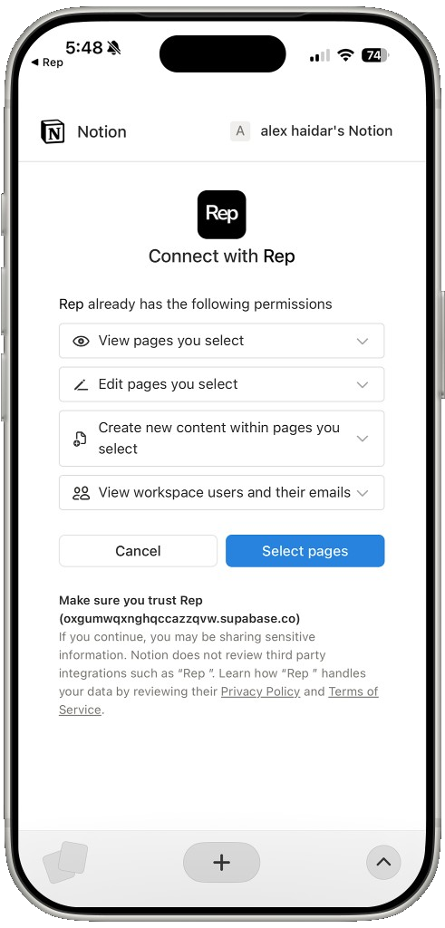 Connect Rep to your Notion workspace and import pages